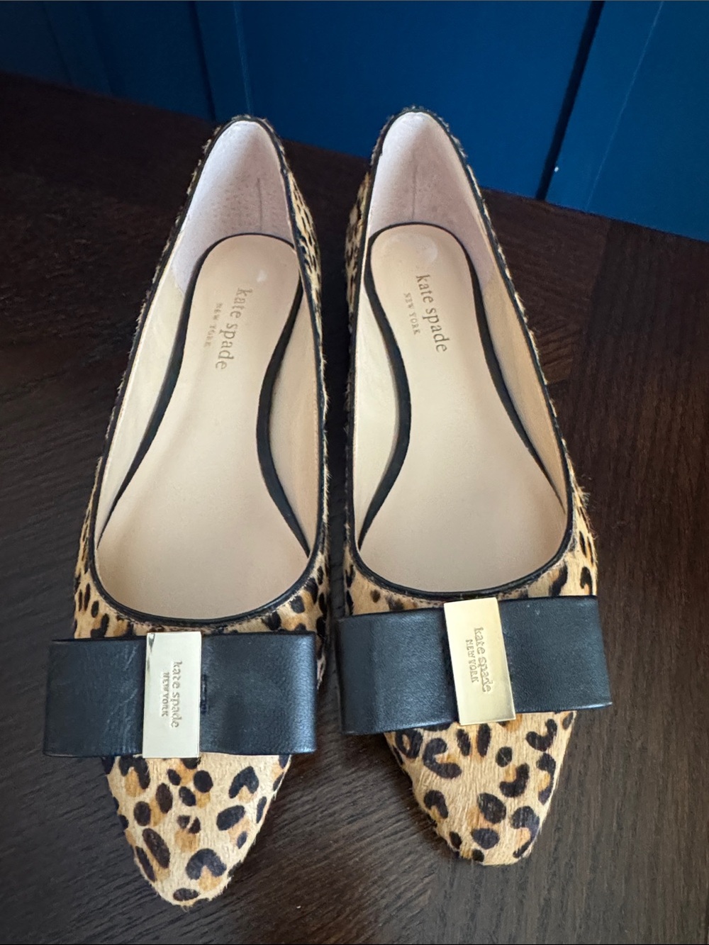 kate spade Leopard Print Pointed Toe Flats with Black Bow 7.5 real cow hair